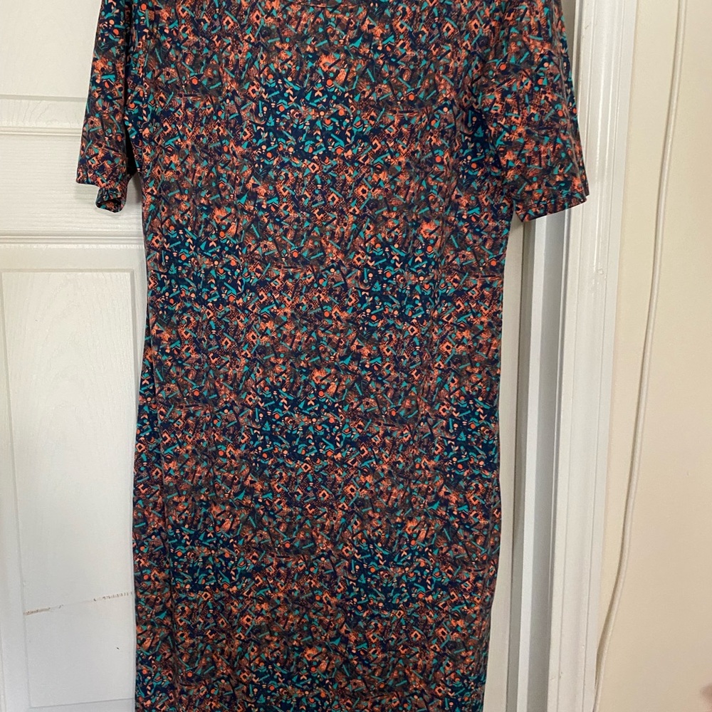 LuLaRoe Short-Sleeve Midi Dress in Teal and Rust Pattern